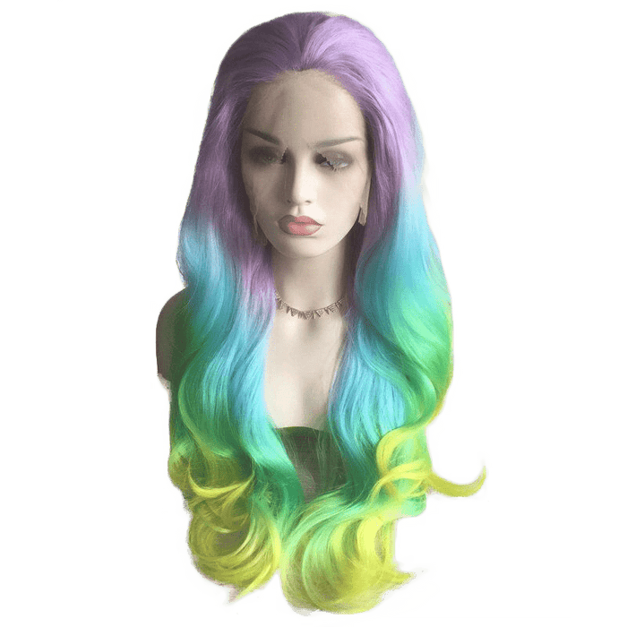 Pastel Rainbow Ombré Wavy Long Lace Front Wig